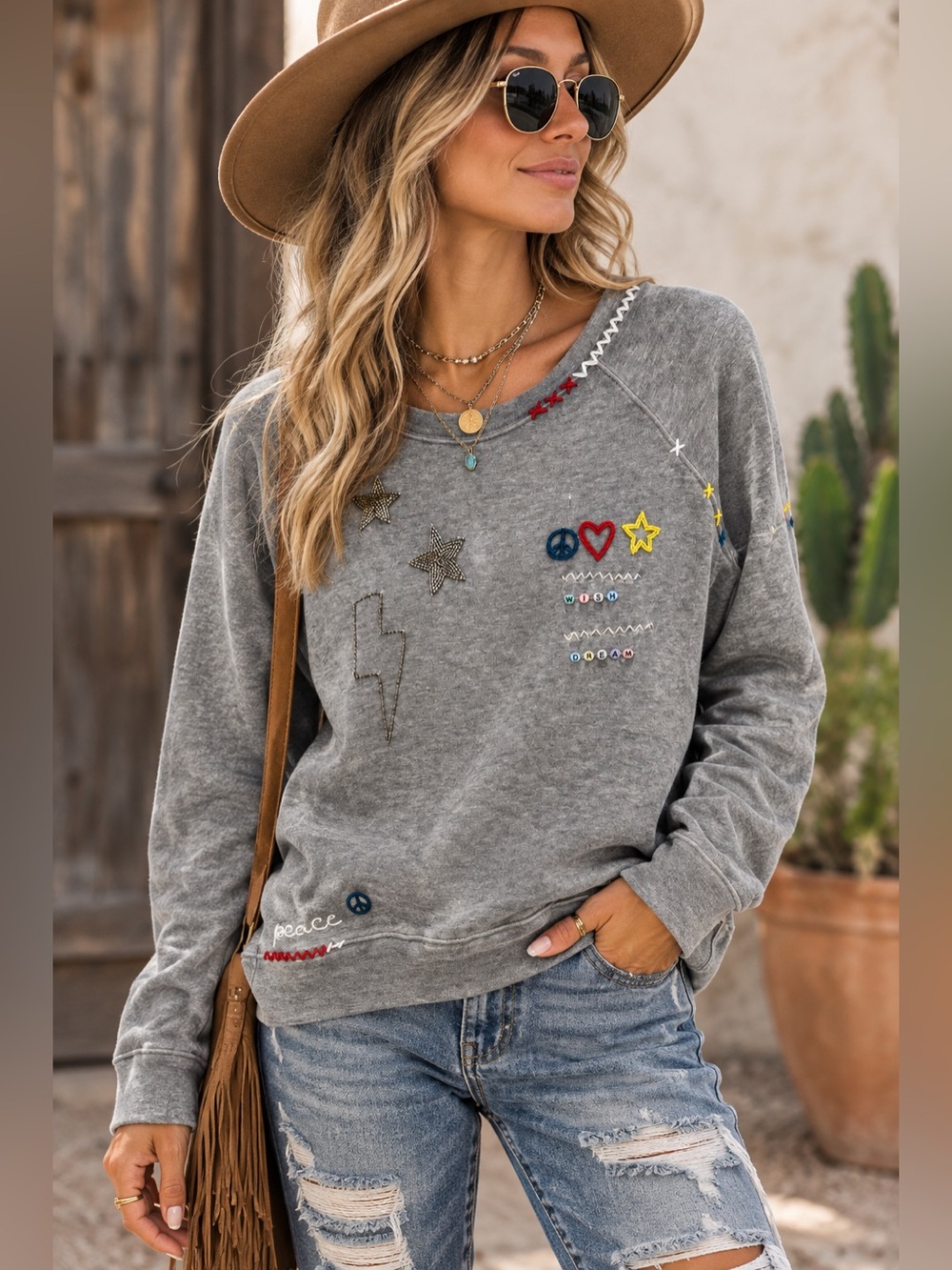 CHASER HAPPY PEACE Embroidered Grey Pullover Sweatshirt